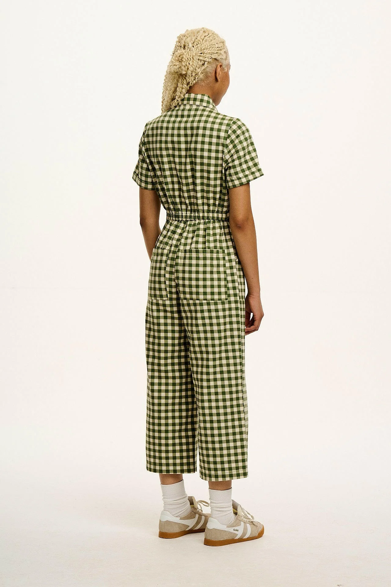 Ragan - Cotton Jumpsuit in Green Gingham with Strawberry Embroidery - Image 4