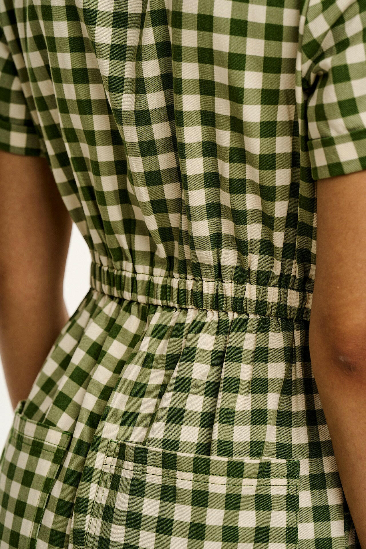 Ragan - Cotton Jumpsuit in Green Gingham with Strawberry Embroidery - Image 5