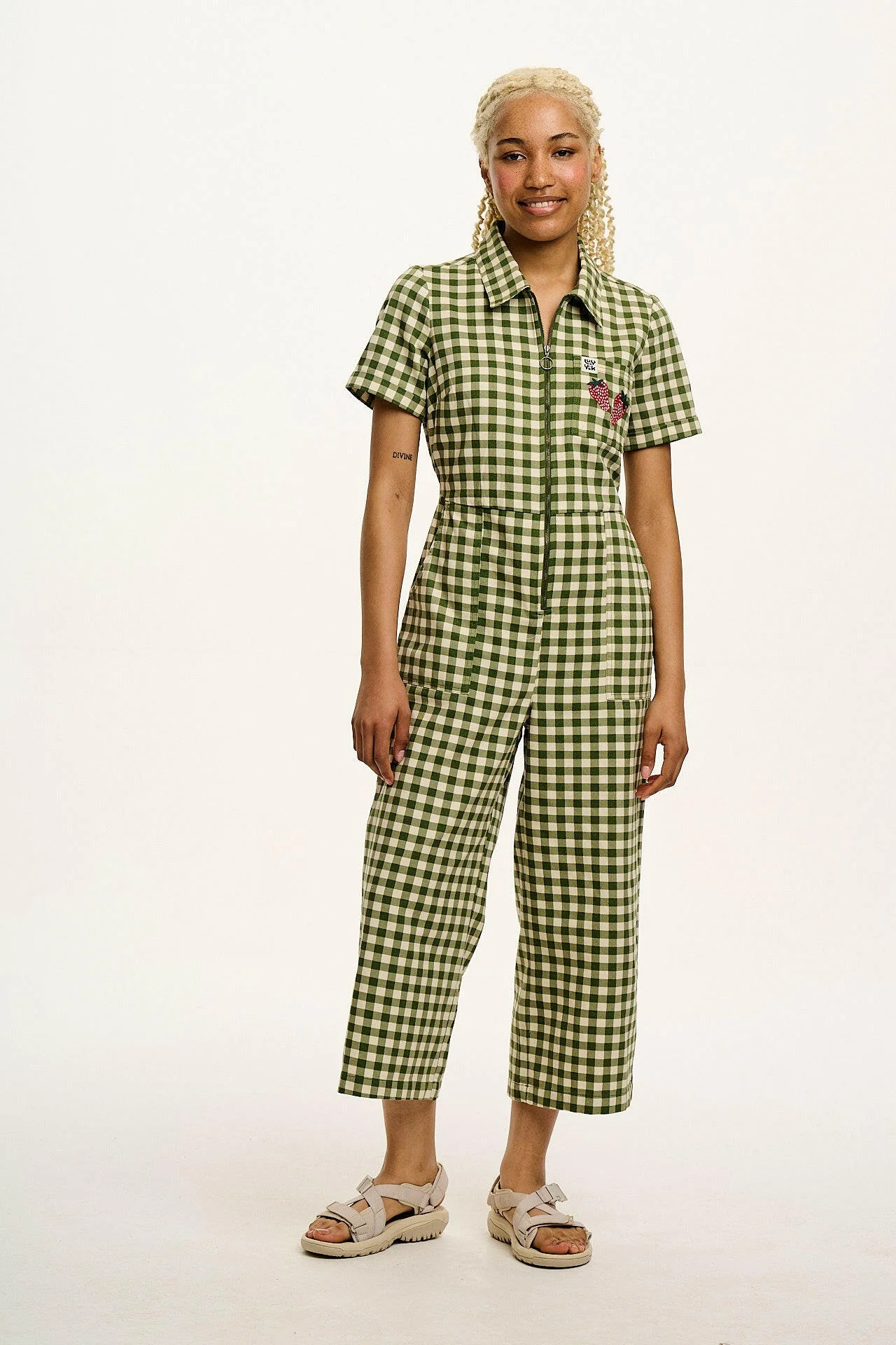 Ragan - Cotton Jumpsuit in Green Gingham with Strawberry Embroidery - Image 6