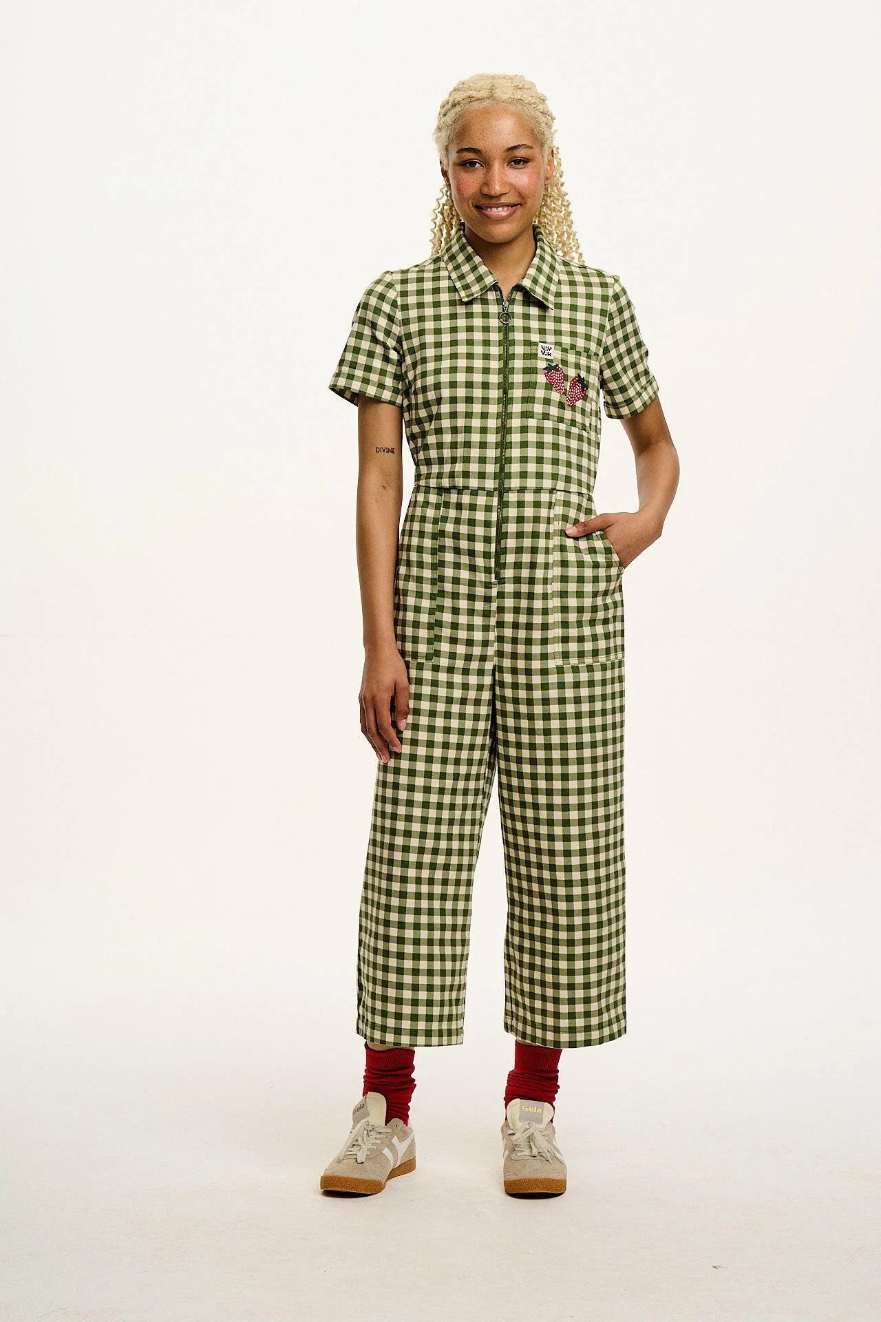 Ragan - Cotton Jumpsuit in Green Gingham with Strawberry Embroidery - Image 7