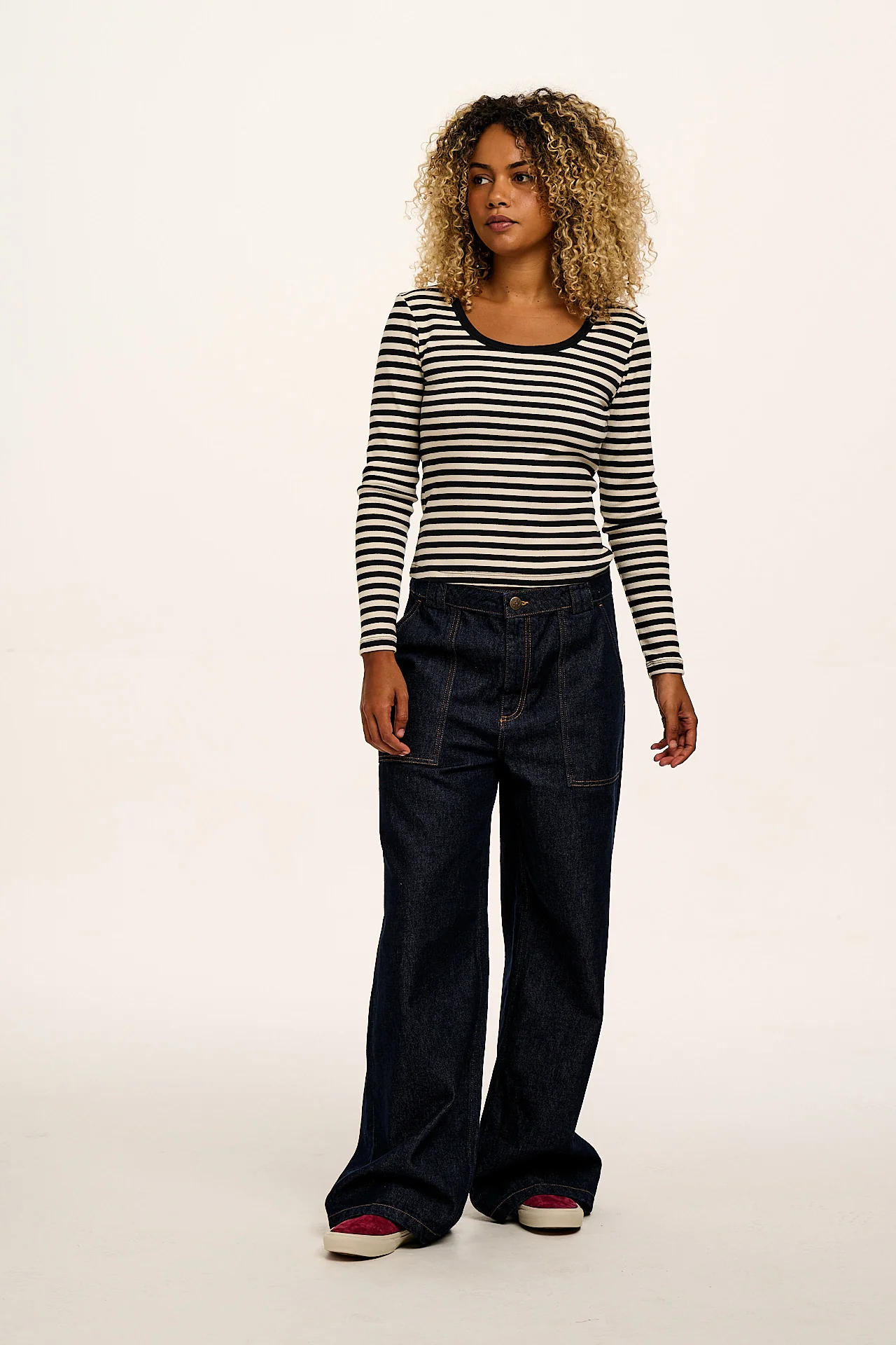 Remy - Ribbed Cotton Scoop Neck Long Sleeve T-Shirt in Black & White Stripe - Image 3