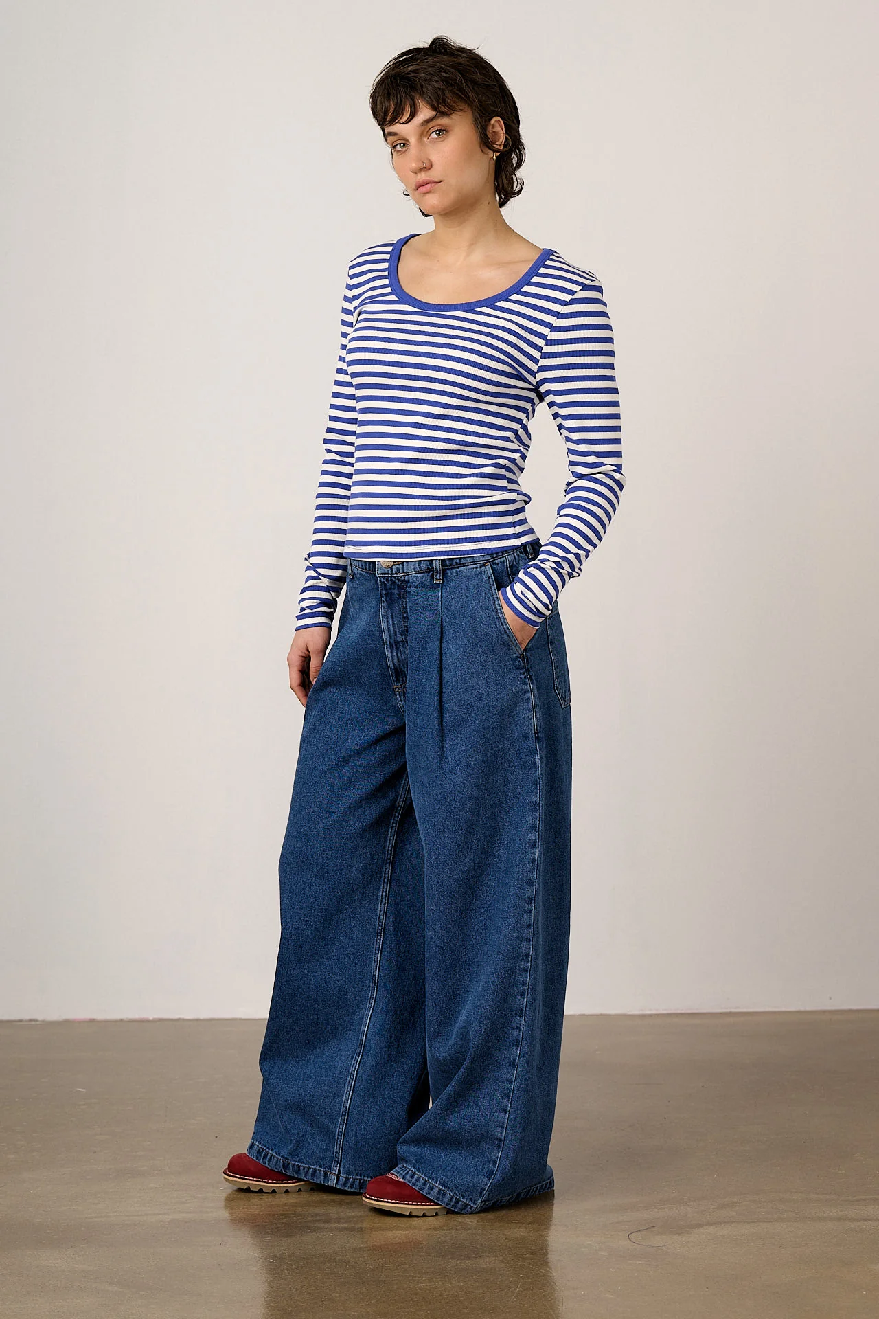 Remy - Ribbed Cotton Scoop Neck Long Sleeve Top in Blue & White Stripe - Image 3