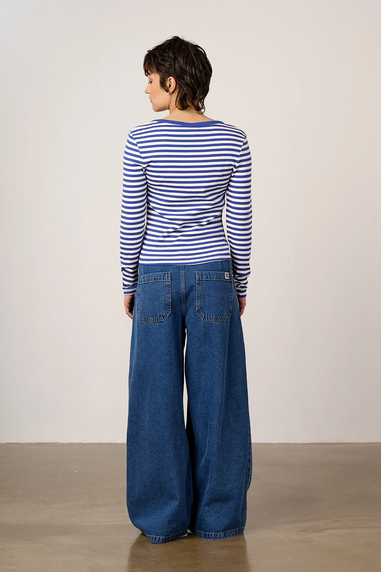 Remy - Ribbed Cotton Scoop Neck Long Sleeve Top in Blue & White Stripe - Image 4