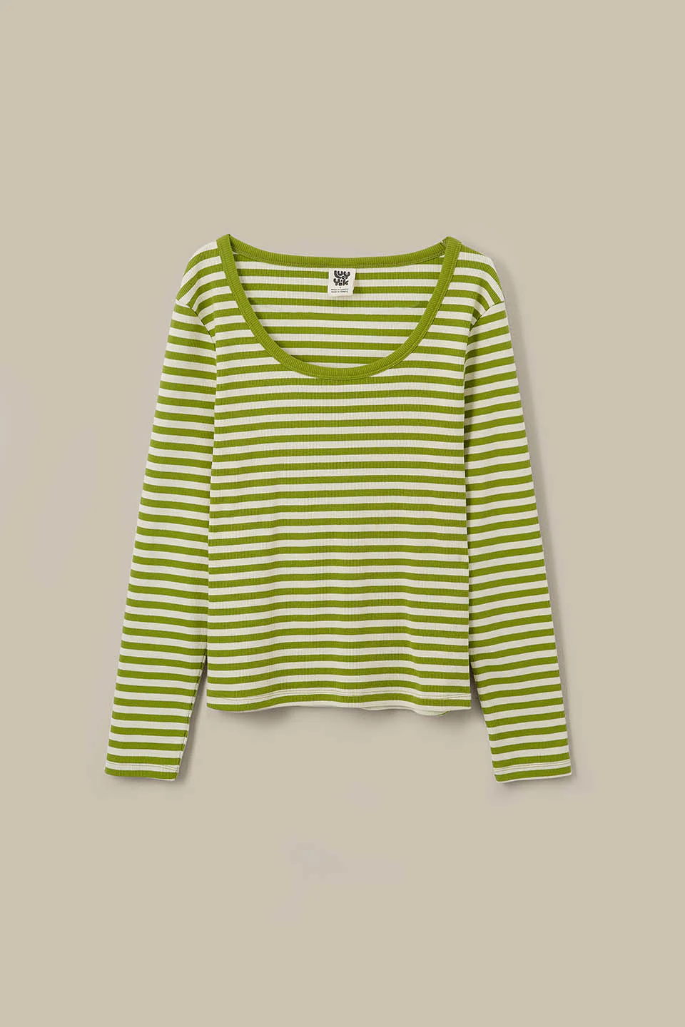 Remy - Ribbed Cotton Scoop Neck Long Sleeve Top in Green & Ecru Stripe - Image 3