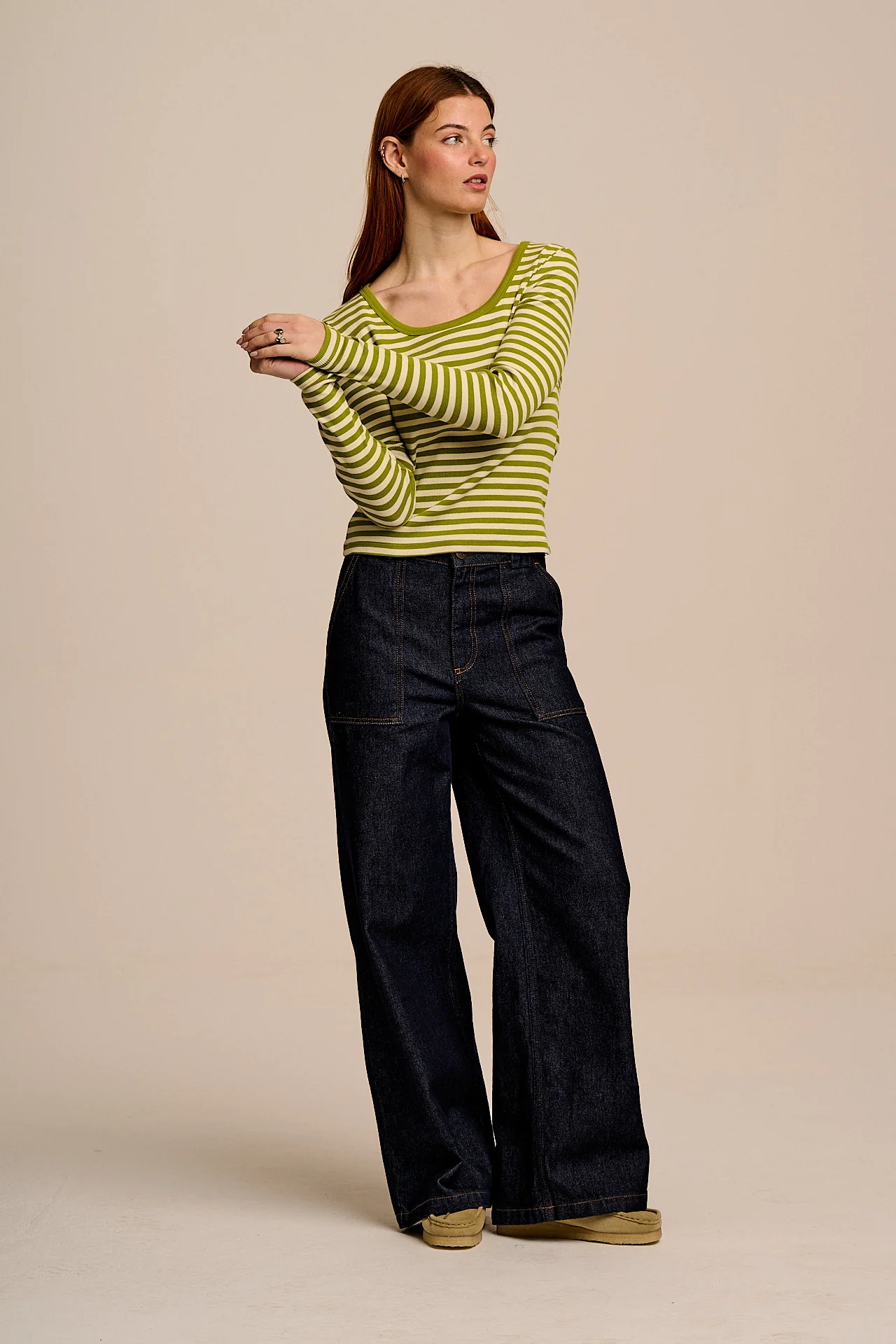 Remy - Ribbed Cotton Scoop Neck Long Sleeve Top in Green & Ecru Stripe - Image 4