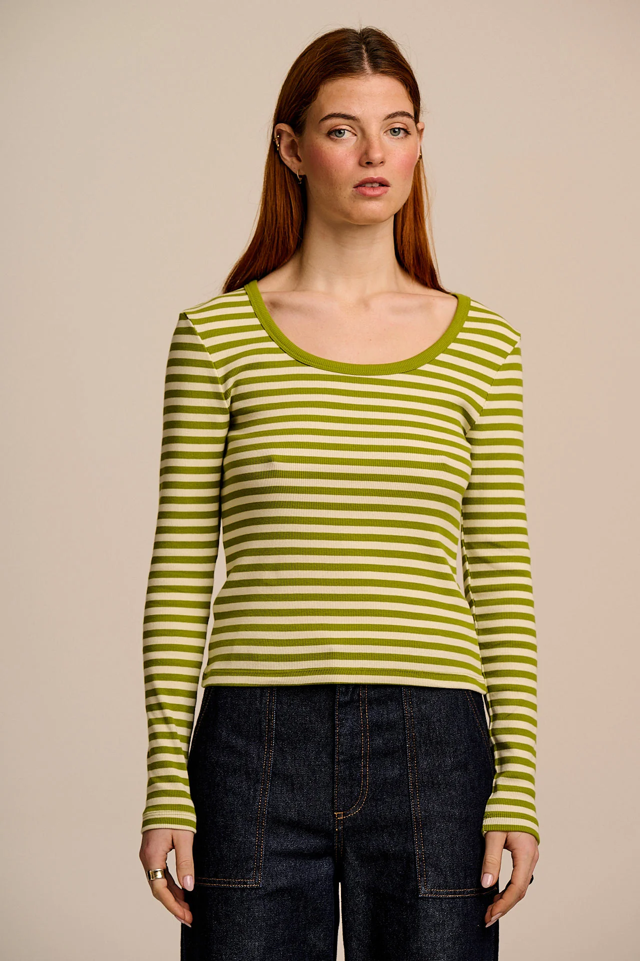 Remy - Ribbed Cotton Scoop Neck Long Sleeve Top in Green & Ecru Stripe - Image 5