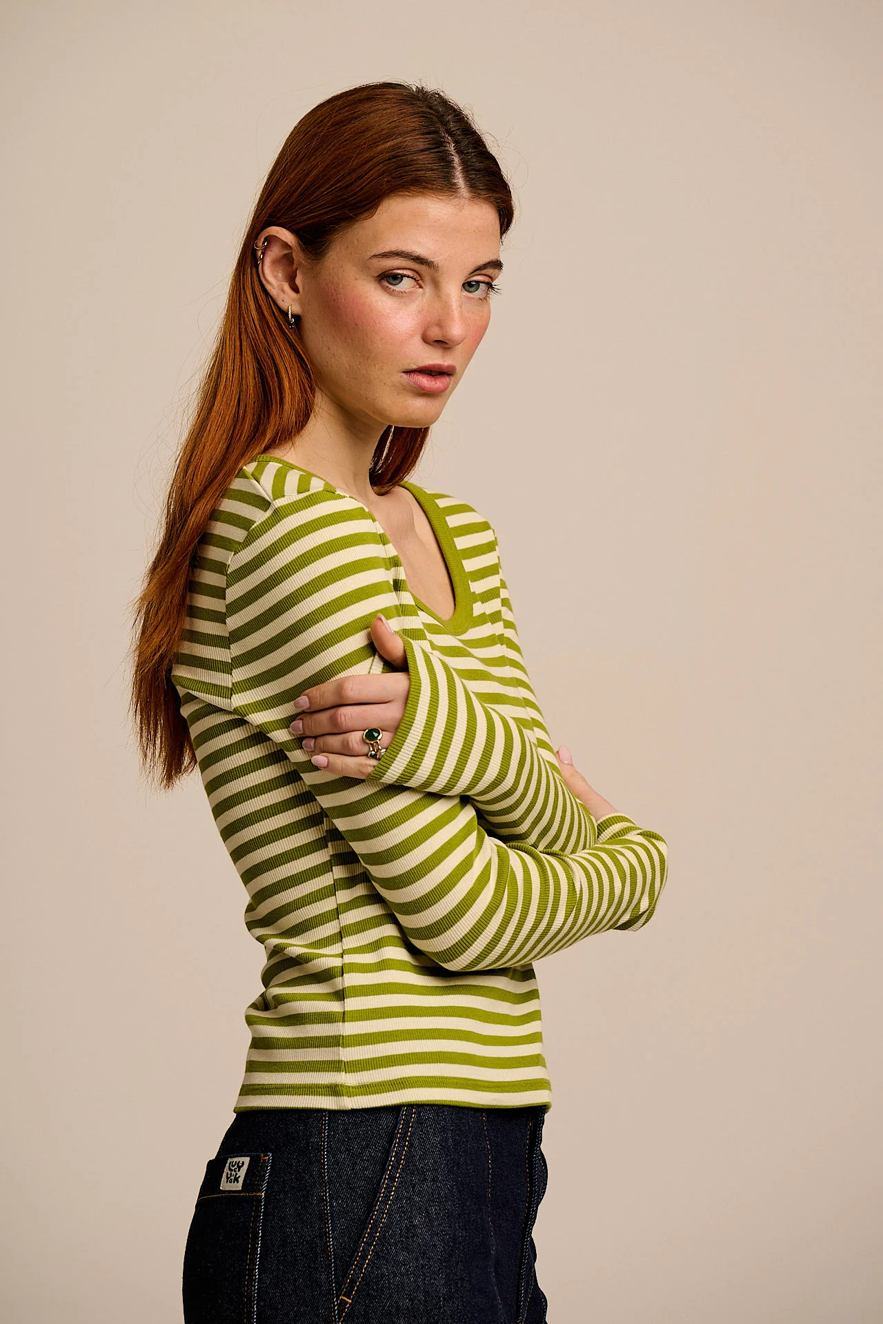 Remy - Ribbed Cotton Scoop Neck Long Sleeve Top in Green & Ecru Stripe - Image 6