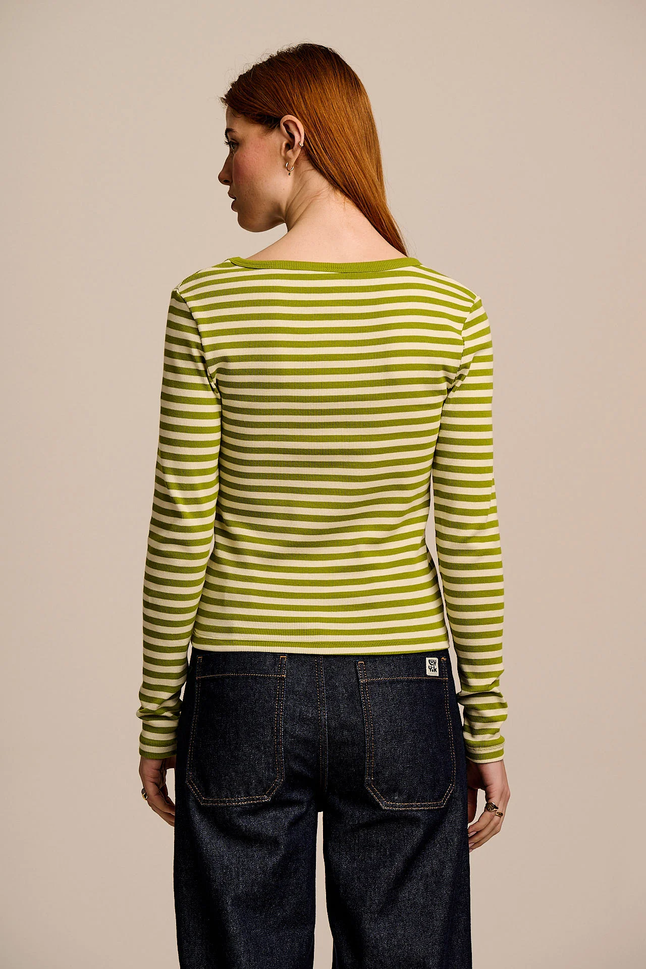 Remy - Ribbed Cotton Scoop Neck Long Sleeve Top in Green & Ecru Stripe - Image 7