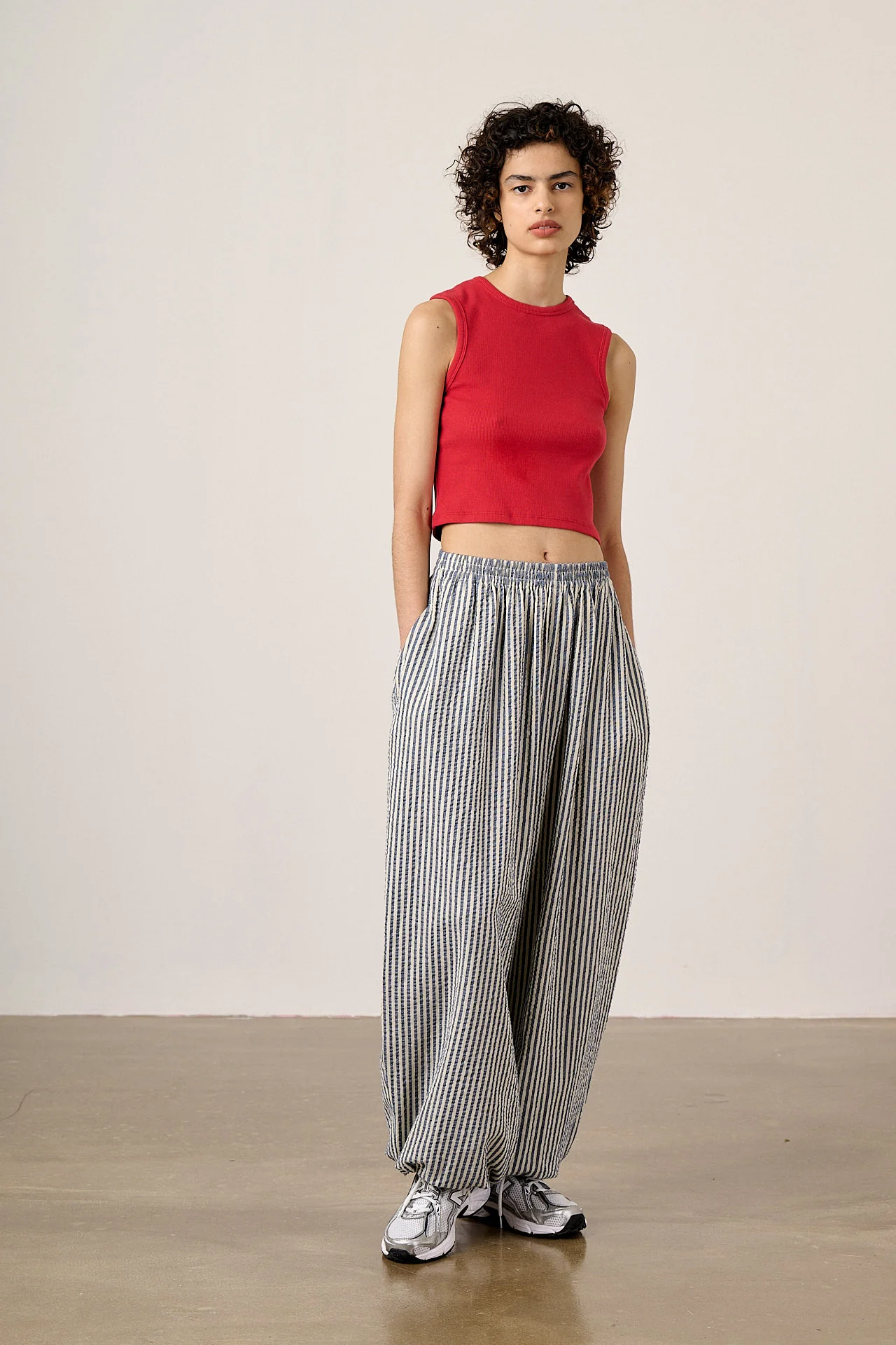 Renata - Cuffed Cotton Balloon Leg Trousers in Blue & White Stripe - Image 3