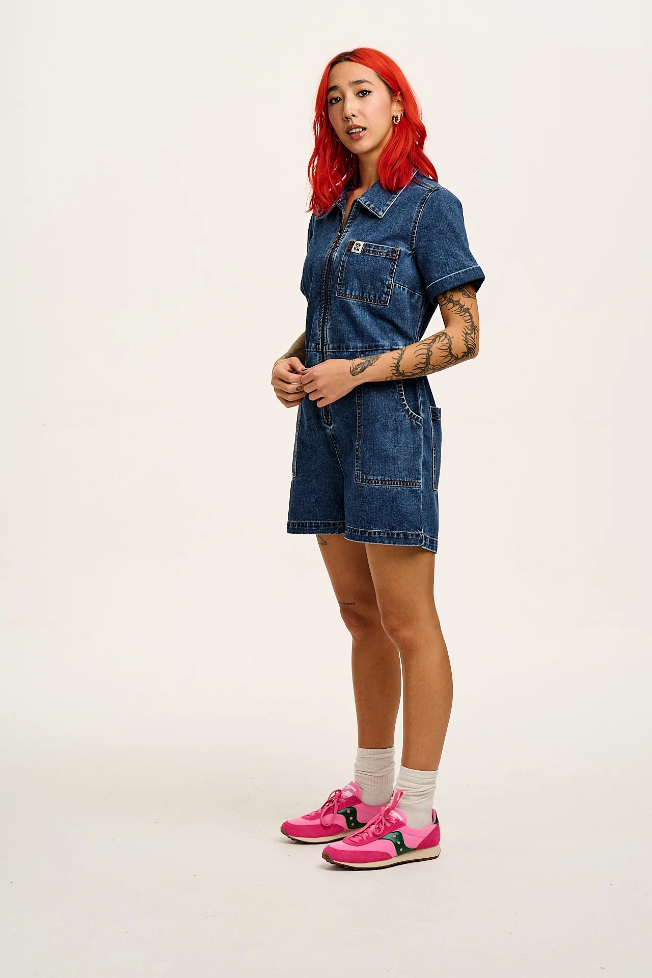 Riley - Denim Playsuit in Mid Wash Blue - Image 4