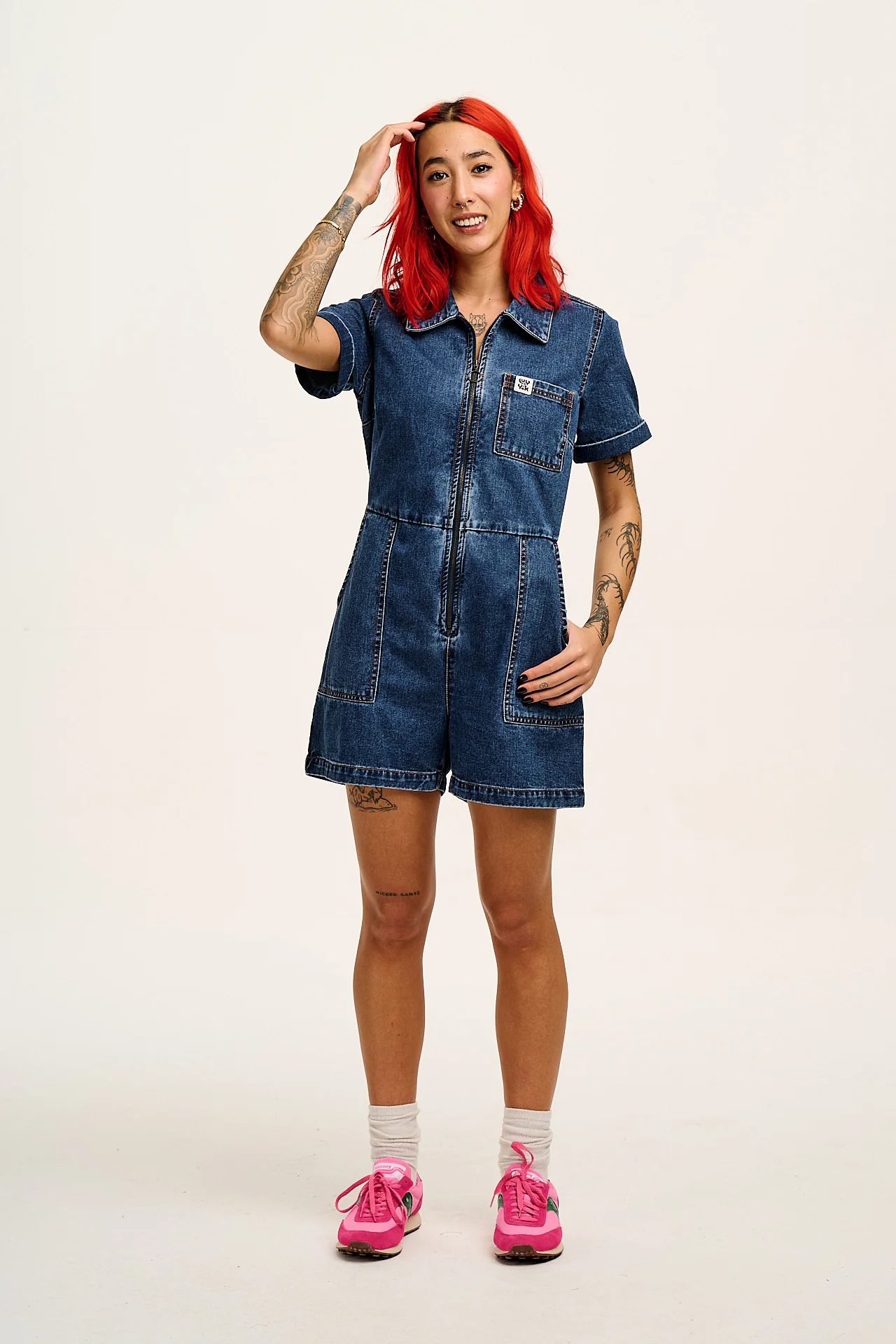 Riley - Denim Playsuit in Mid Wash Blue - Image 5