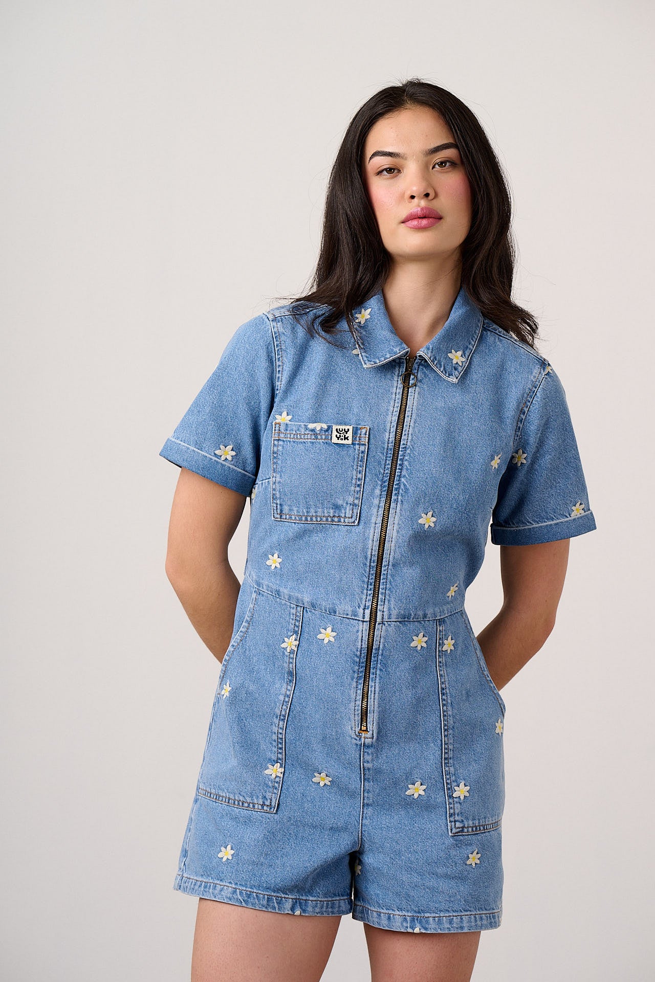 Riley - Denim Playsuit in Light Wash with Daisy Embroidery - Image 3