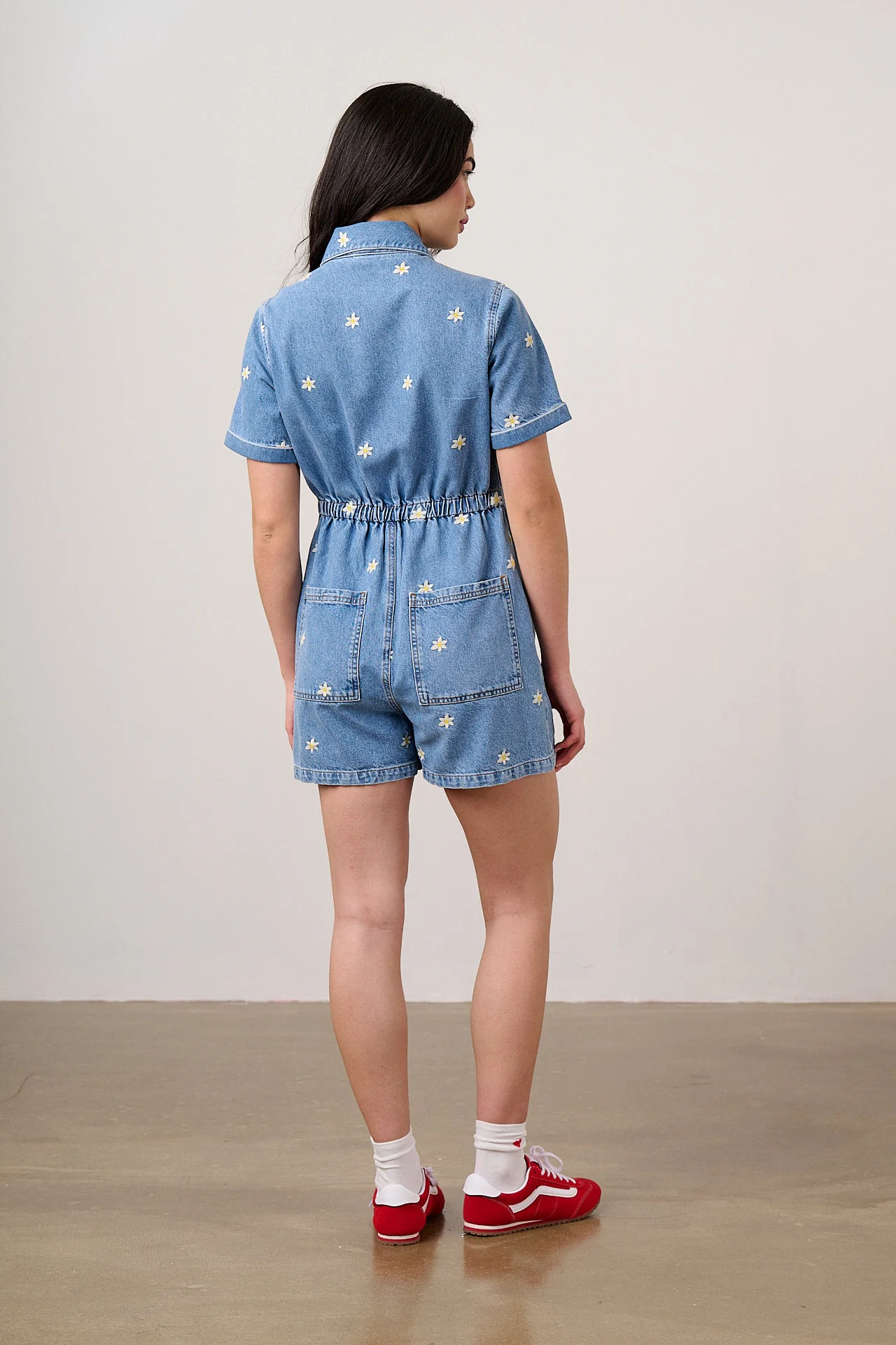 Riley - Denim Playsuit in Light Wash with Daisy Embroidery - Image 4
