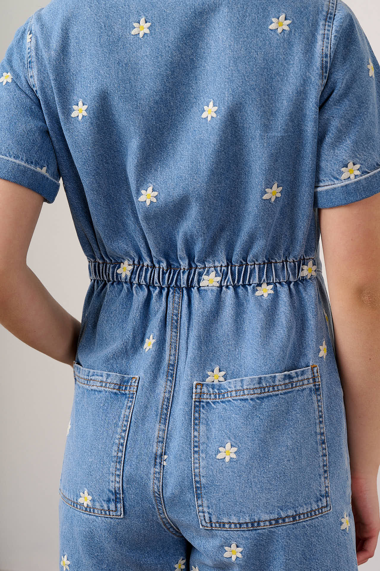 Riley - Denim Playsuit in Light Wash with Daisy Embroidery - Image 5