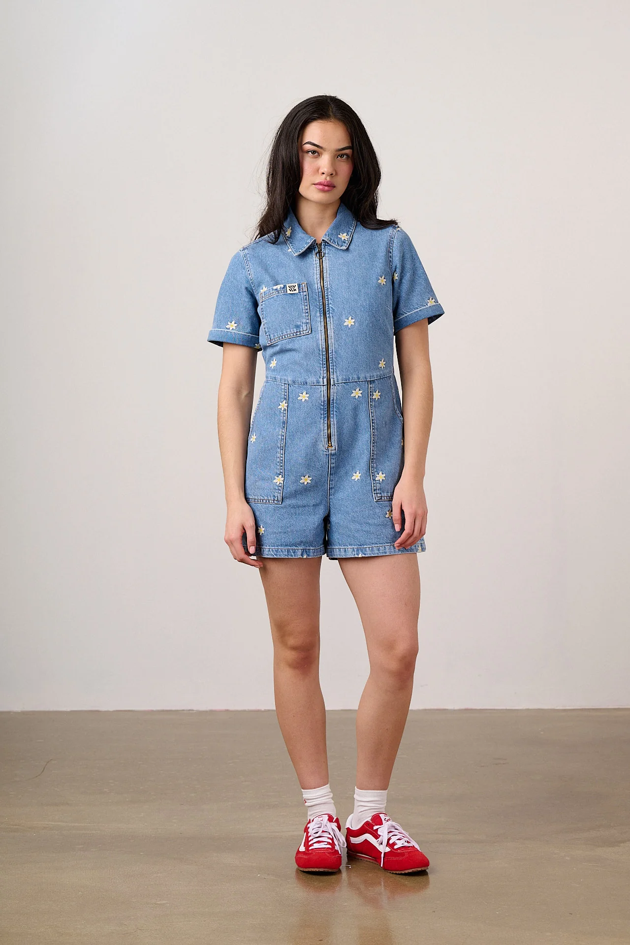 Riley - Denim Playsuit in Light Wash with Daisy Embroidery - Image 6