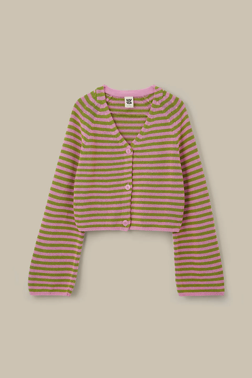 Robyn - V-Neck Cotton Cardigan in Green & Pink Stripe - Image 3