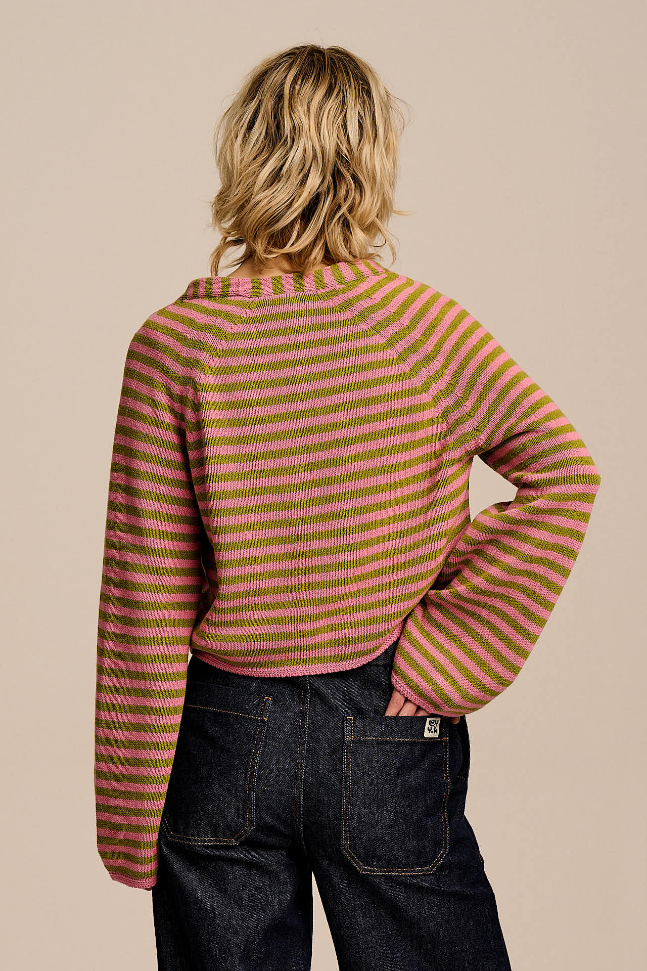 Robyn - V-Neck Cotton Cardigan in Green & Pink Stripe - Image 4