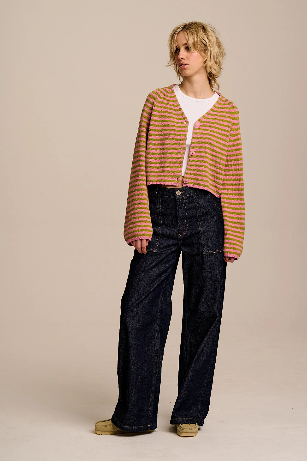 Robyn - V-Neck Cotton Cardigan in Green & Pink Stripe - Image 5