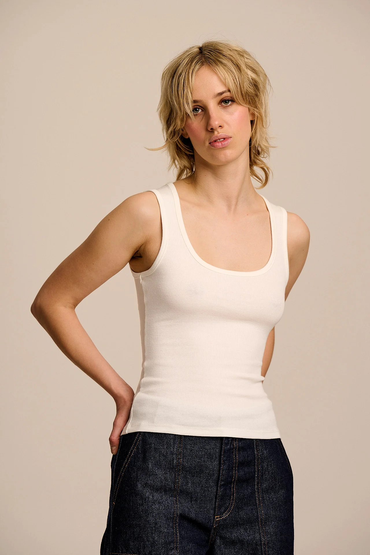 Romy - Cotton Scoop Vest in Ecru