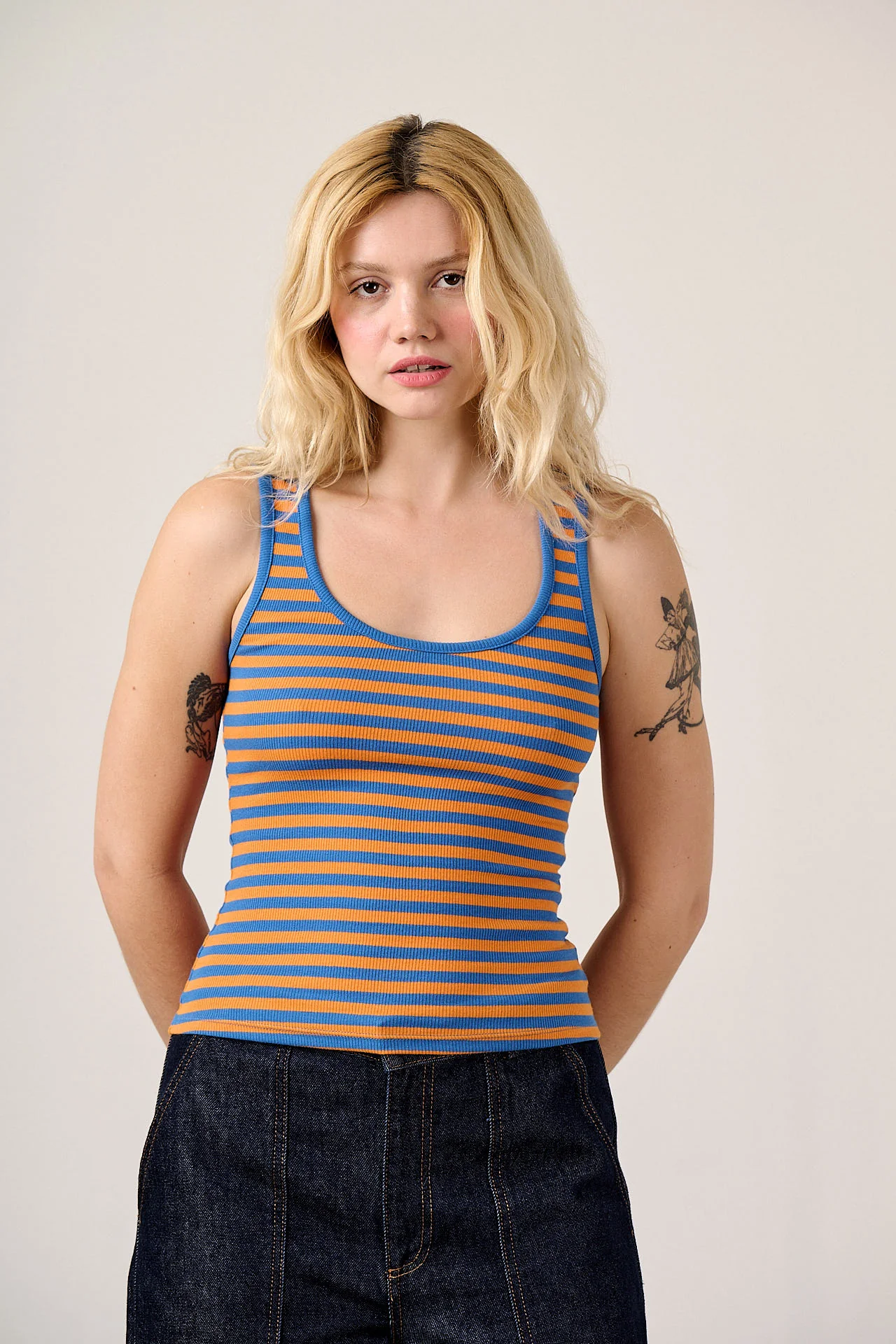 Romy - Cotton Scoop Vest in Orange Stripe