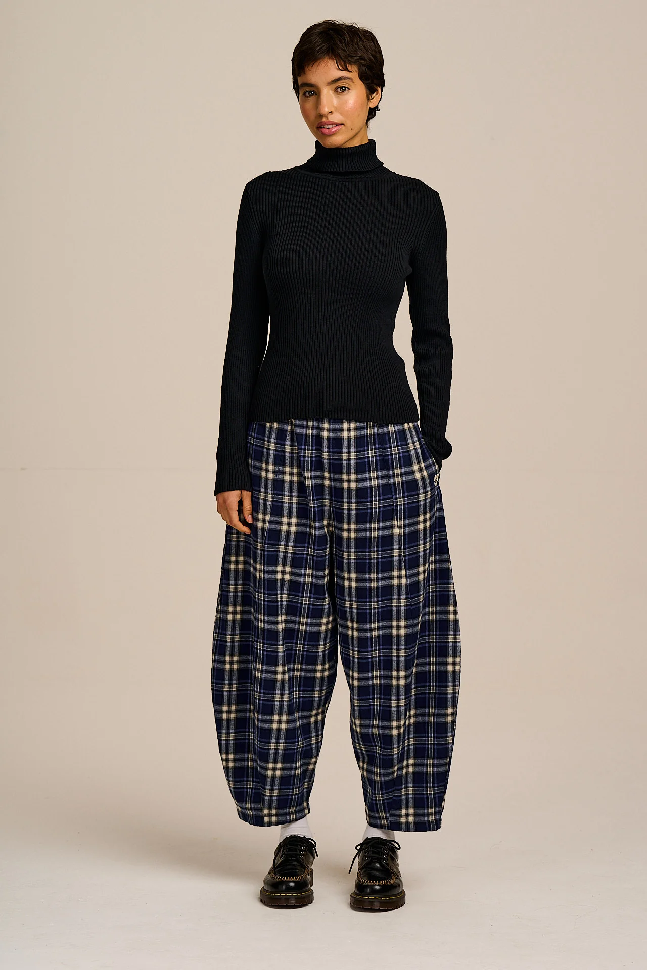 Obregon - Barrel Leg Brushed Cotton Trousers in Blue Tartan Check - Image 3