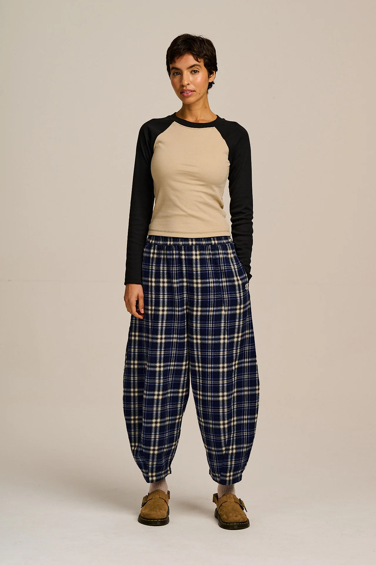 Obregon - Barrel Leg Brushed Cotton Trousers in Blue Tartan Check - Image 6