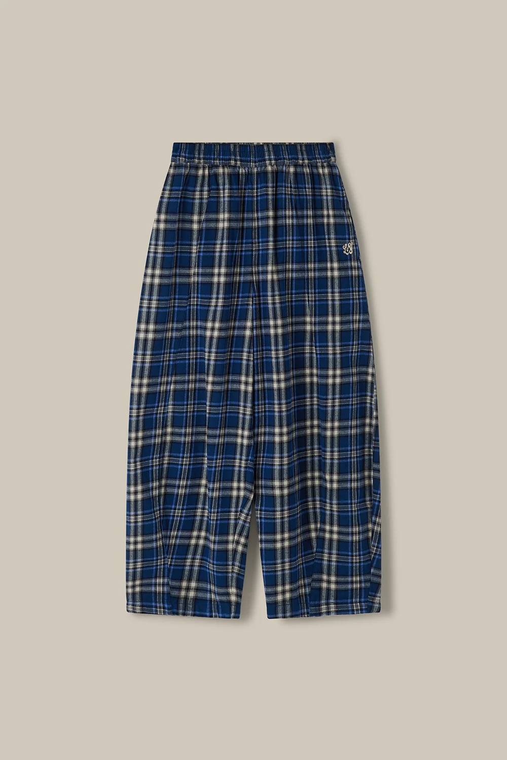 Obregon - Barrel Leg Brushed Cotton Trousers in Blue Tartan Check - Image 8
