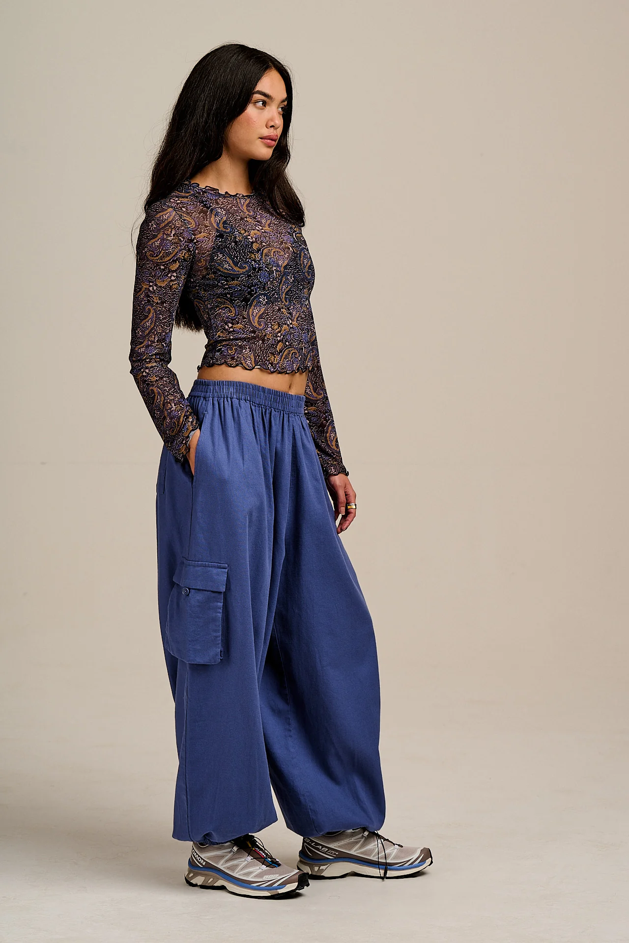 Rumi - Brushed Cotton Balloon Trousers in Grey Blue