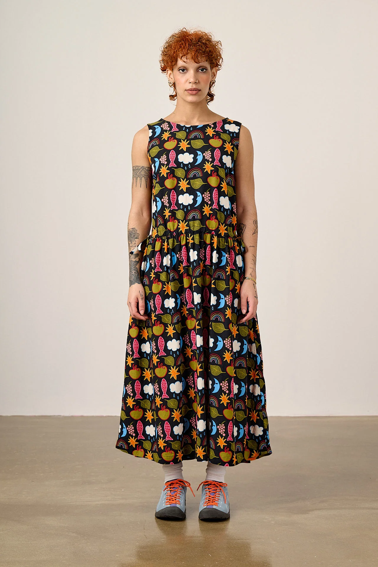 Sacha - Cotton & Viscose Midi Dress in Naive Shapes Print - Image 3