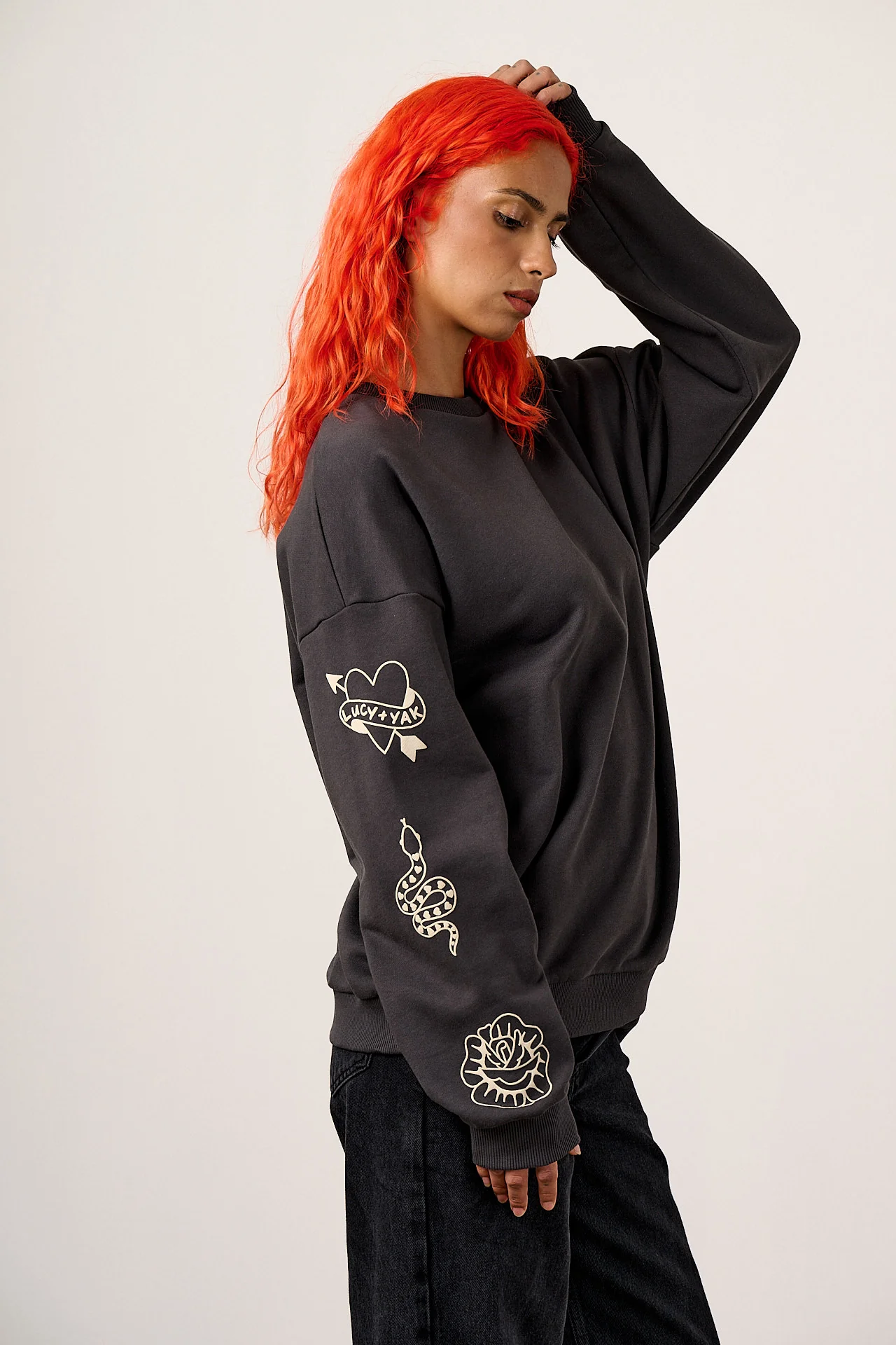 Sutton - Cotton Jersey Oversized Sweatshirt in Charcoal with Tattoo Printed Sleeves - Image 4