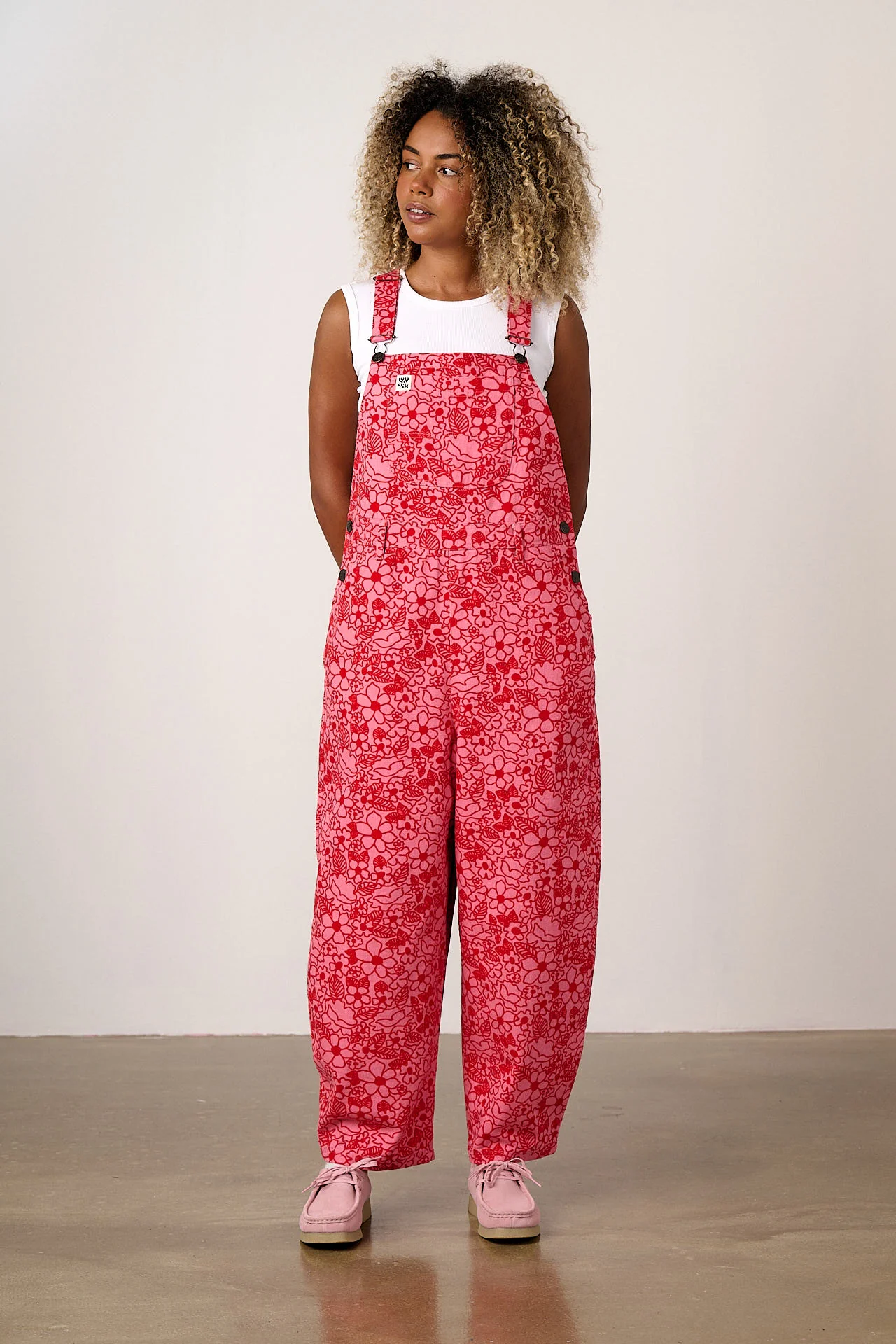 Toluca - Cotton Barrel Leg Dungarees in Pink & Red Kahlo Bloom - Image 3