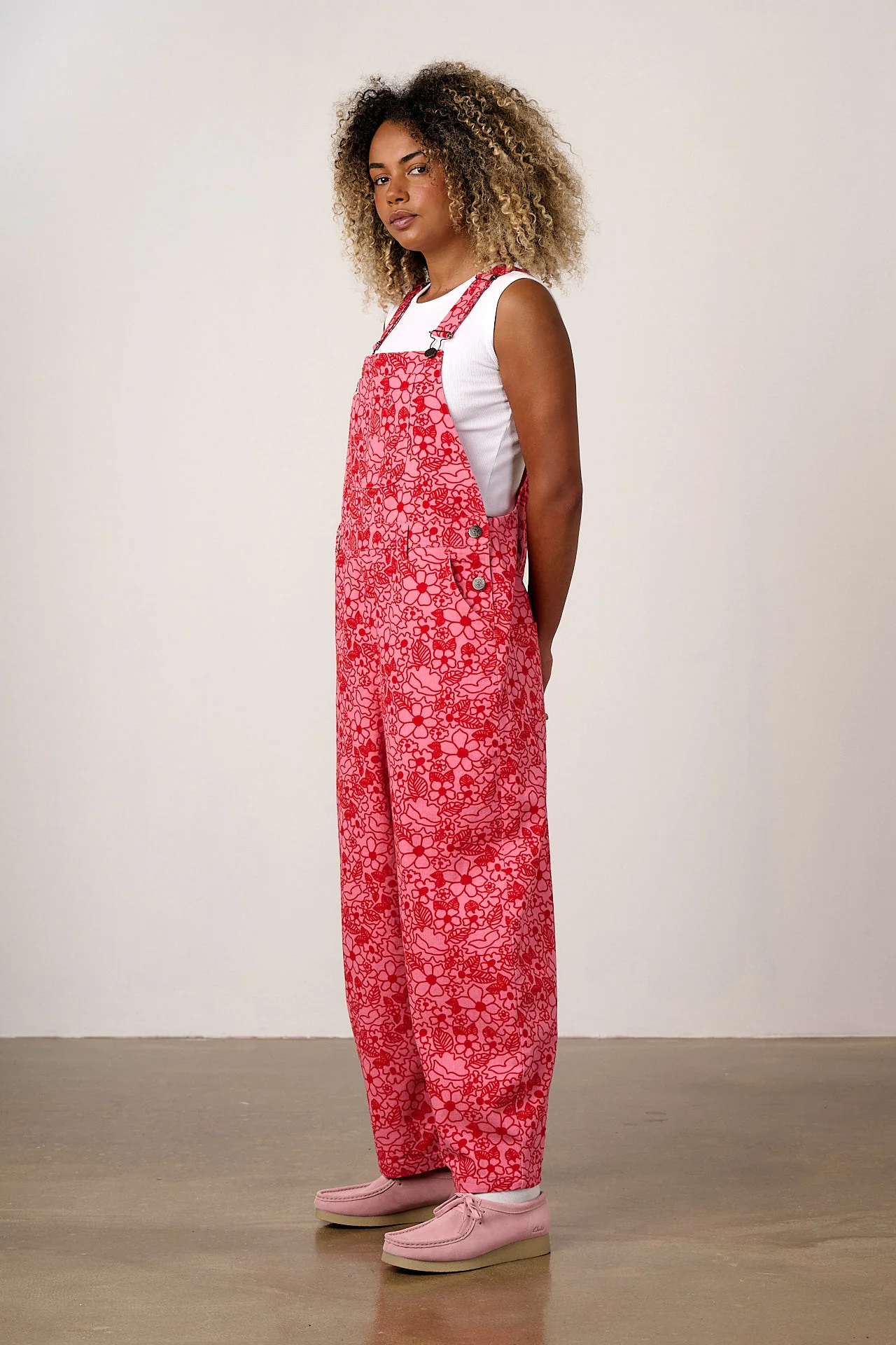Toluca - Cotton Barrel Leg Dungarees in Pink & Red Kahlo Bloom - Image 5