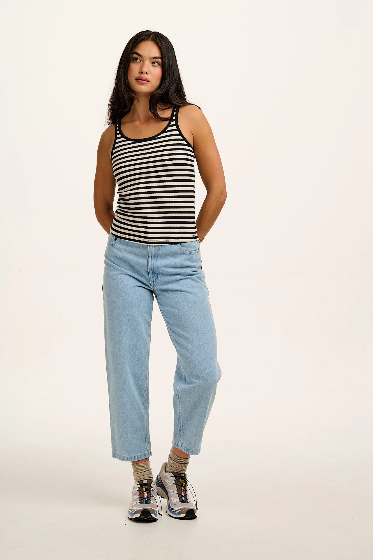 Tully - Cotton Strappy Vest in Black & White Stripe - Image 3