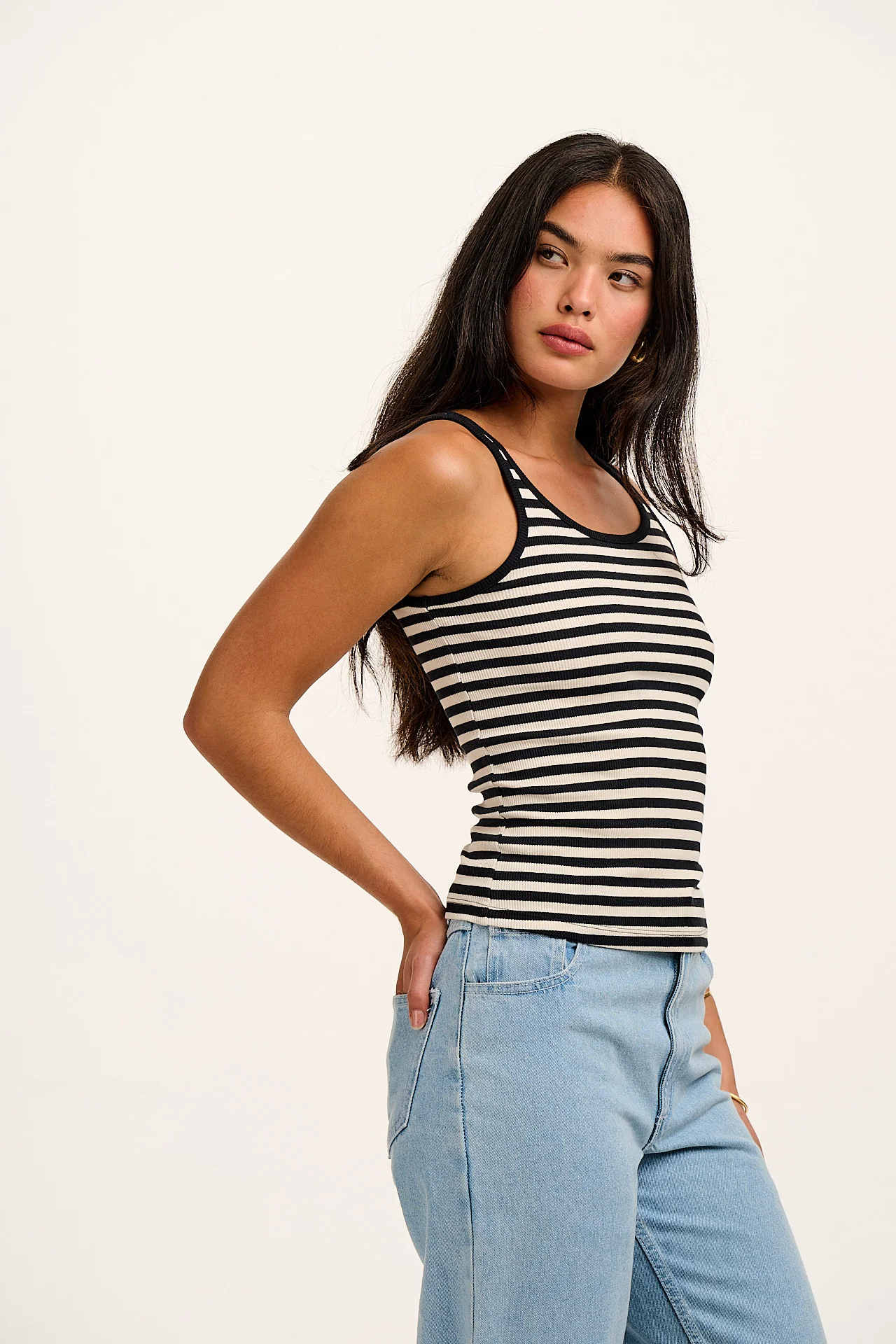 Tully - Cotton Strappy Vest in Black & White Stripe - Image 5