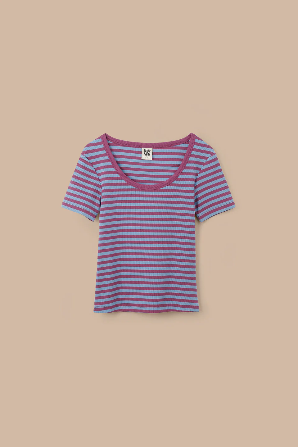 Vita - Ribbed Cotton Scoop Neck Short Sleeve T-Shirt in Blue & Burgundy Stripe - Image 3