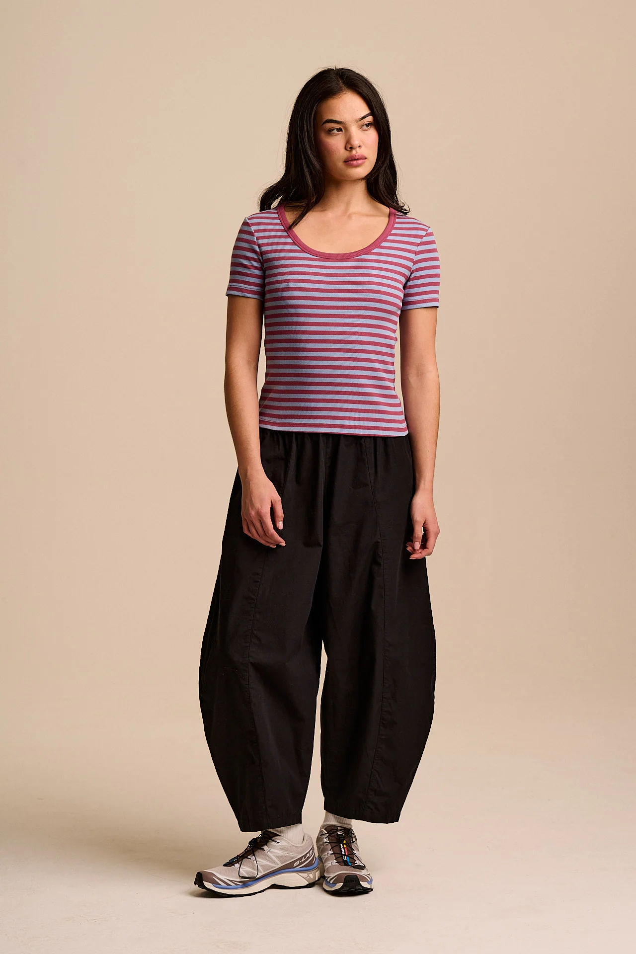 Vita - Ribbed Cotton Scoop Neck Short Sleeve T-Shirt in Blue & Burgundy Stripe - Image 4