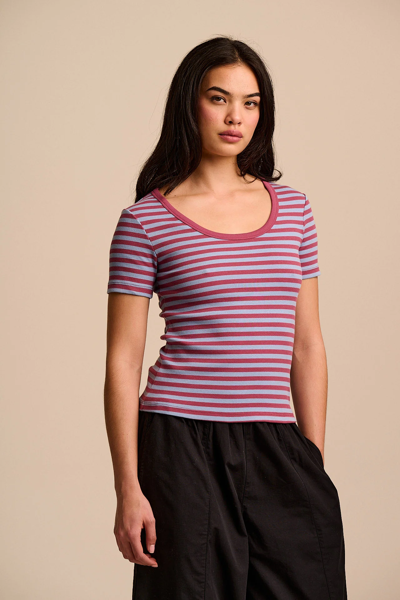 Vita - Ribbed Cotton Scoop Neck Short Sleeve T-Shirt in Blue & Burgundy Stripe - Image 5