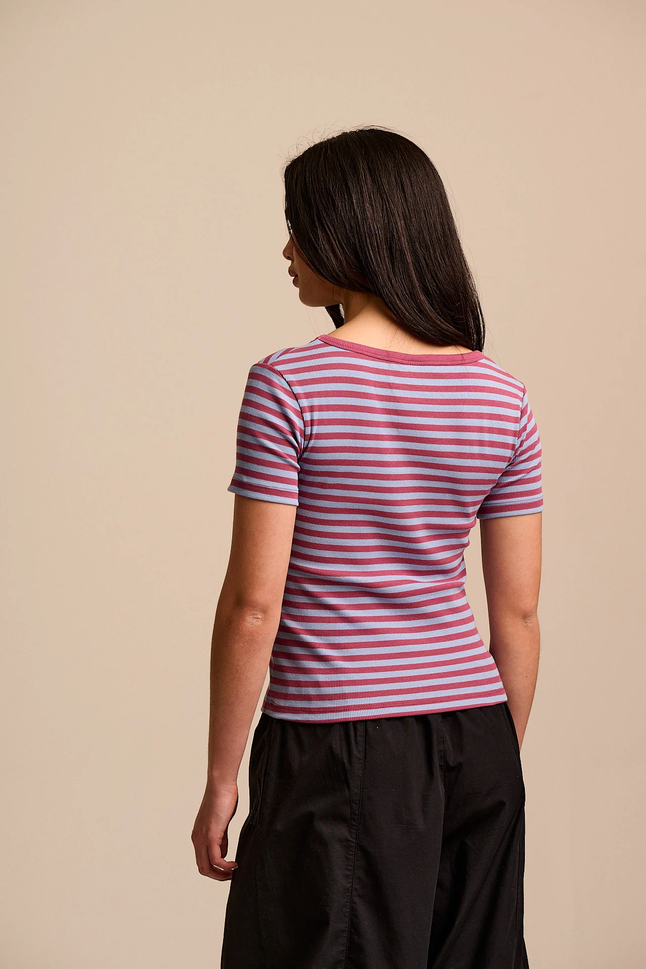 Vita - Ribbed Cotton Scoop Neck Short Sleeve T-Shirt in Blue & Burgundy Stripe - Image 6
