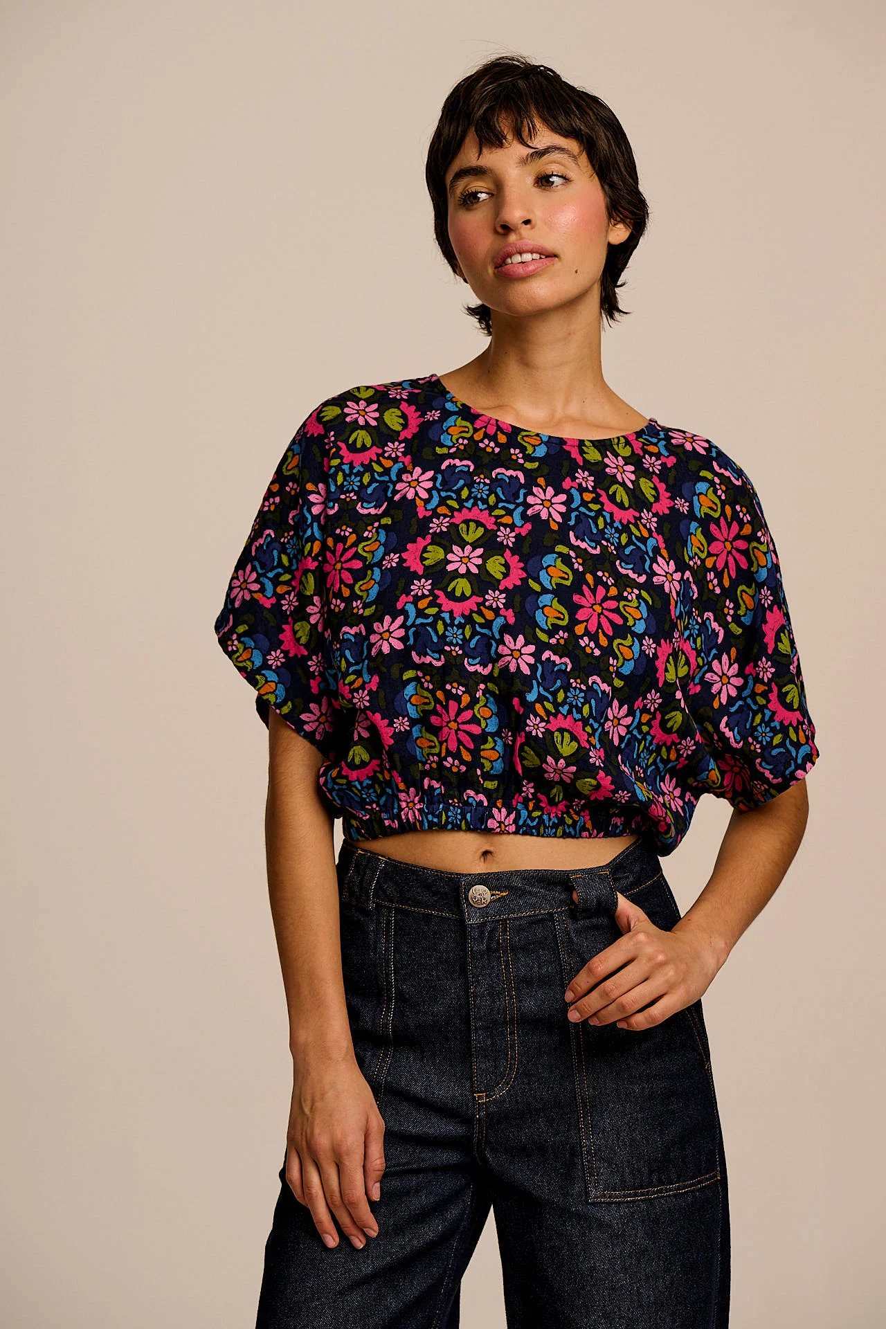 Zamora - Cotton Top in Blue Artisan Floral Patchwork - Image 5