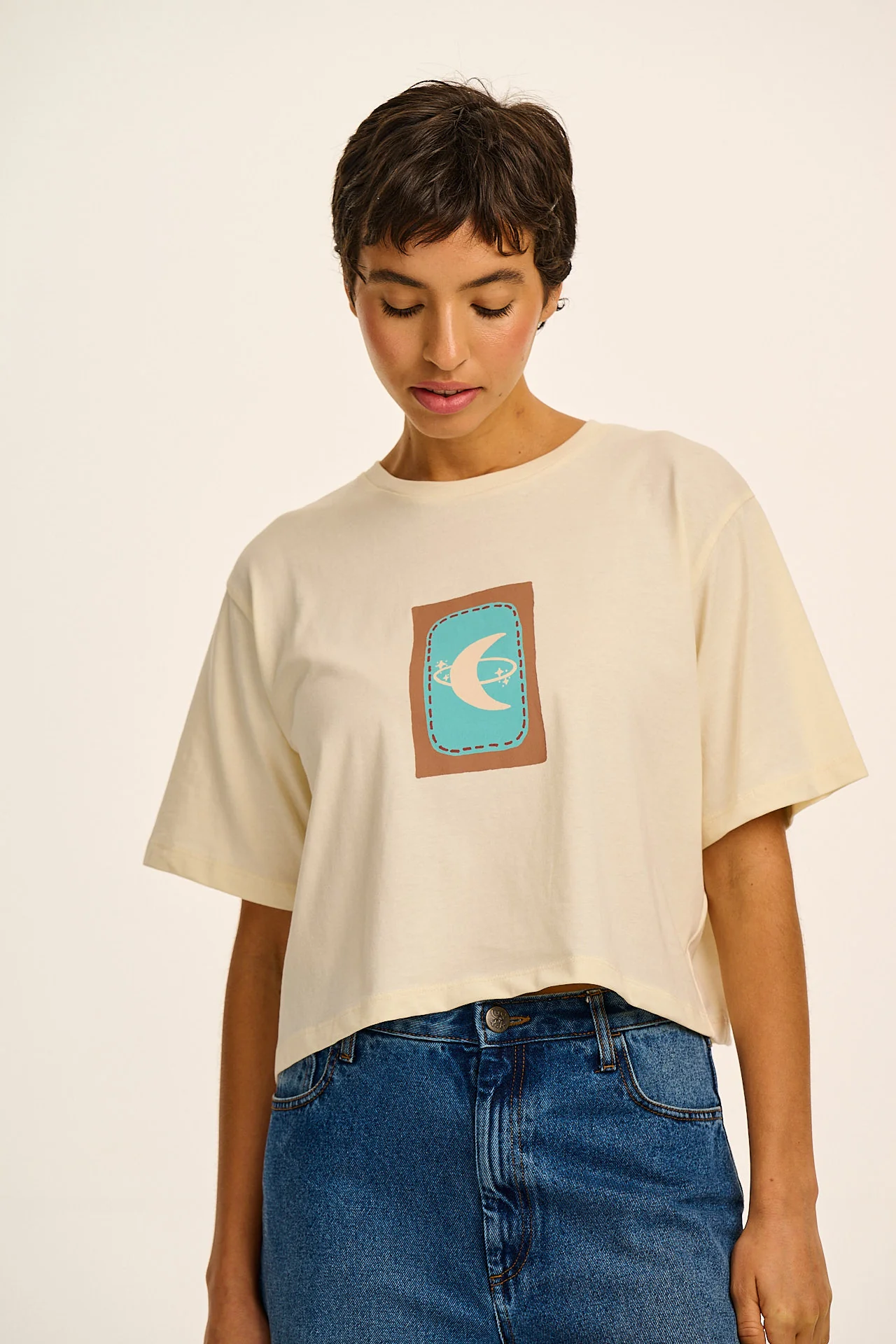 Zayla - Cropped Boxy T-Shirt in Ecru New Moon Print - Image 3