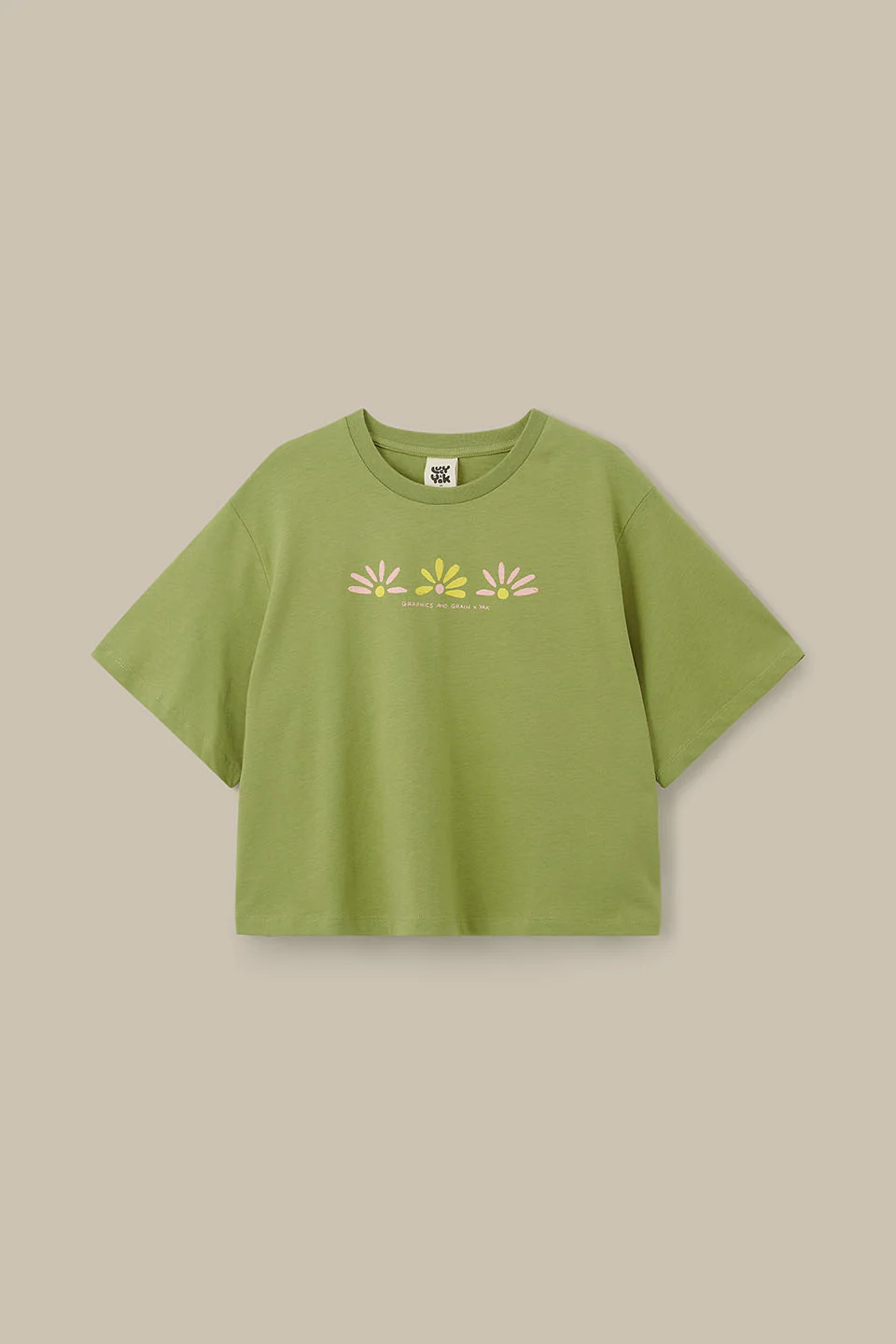 L.E Zayla - Cropped Boxy T-Shirt in Khaki Graphics and Grain Artist & Yak - Image 4